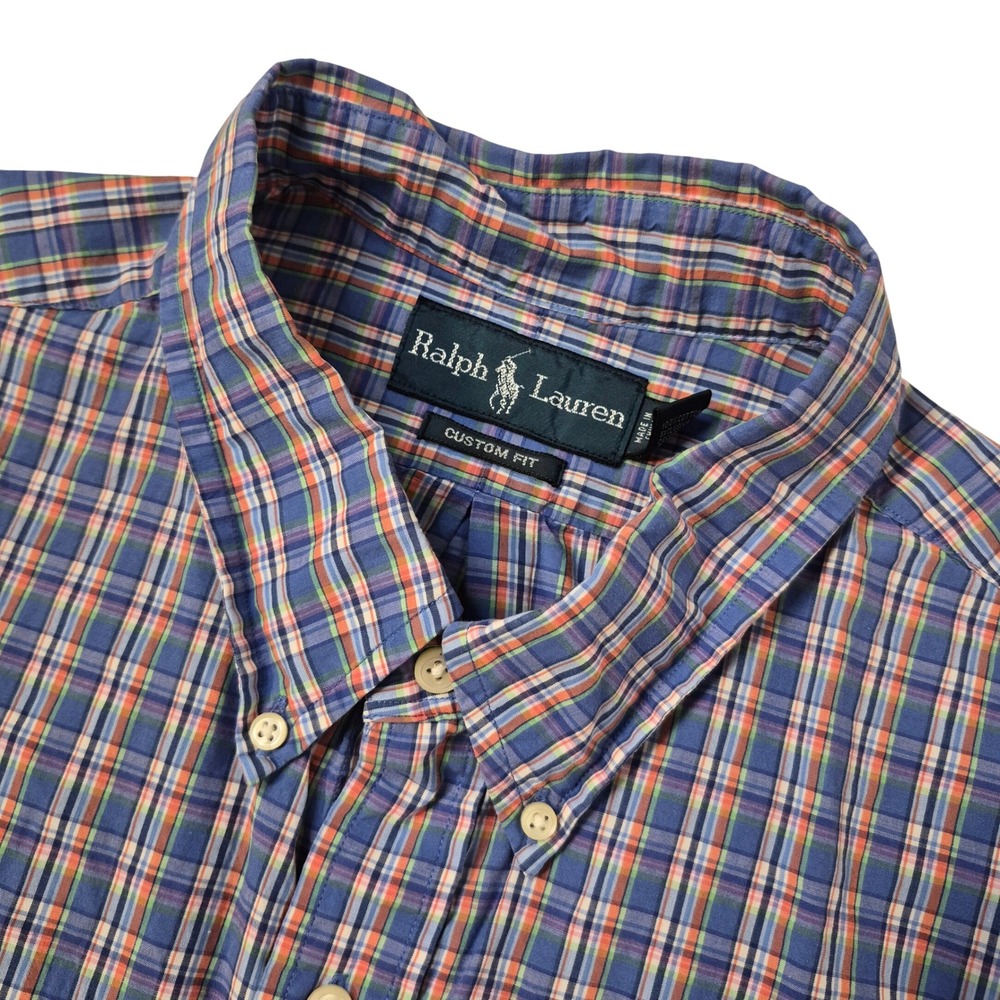 Ralph Lauren Button Down Shirt Mens XXL Blue‎ Orange Plaid Custom Fit SS Pony